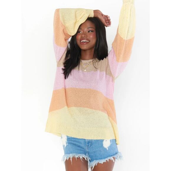 Show Me Your MuMu Sweaters - Show Me Your Mumu Pismo Sweater Sunny Stripe Knit M Balloon Sleeve Pastel Boho